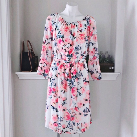 Nine West Dresses & Skirts - NINE WEST OFF THE SHOULDER FLORAL MIDI DRESS PINK
